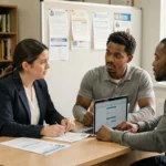 Travailleuse sociale accompagnant un couple dans leurs démarches de demande de logement prioritaire avec le dossier Syplo