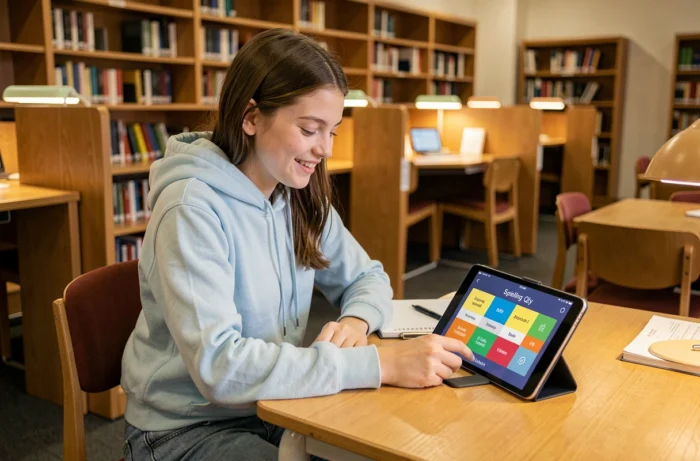 Adolescente révisant l'orthographe de manière interactive avec une application éducative sur tablette à la bibliothèque