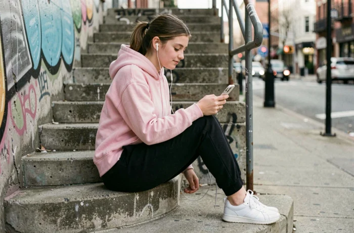 Adolescente écoutant de la musique sur son smartphone avec des écouteurs blancs, assise sur des marches urbaines en béton dans un cadre de rue authentique