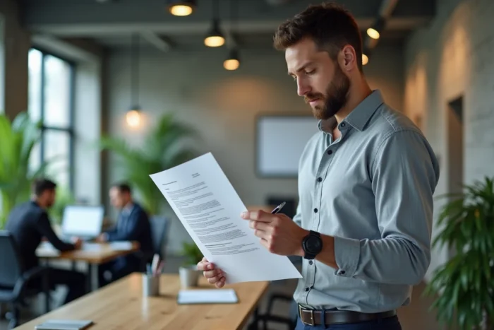 Un agent immobilier indépendant analyse les clauses de son contrat iad dans un espace de coworking