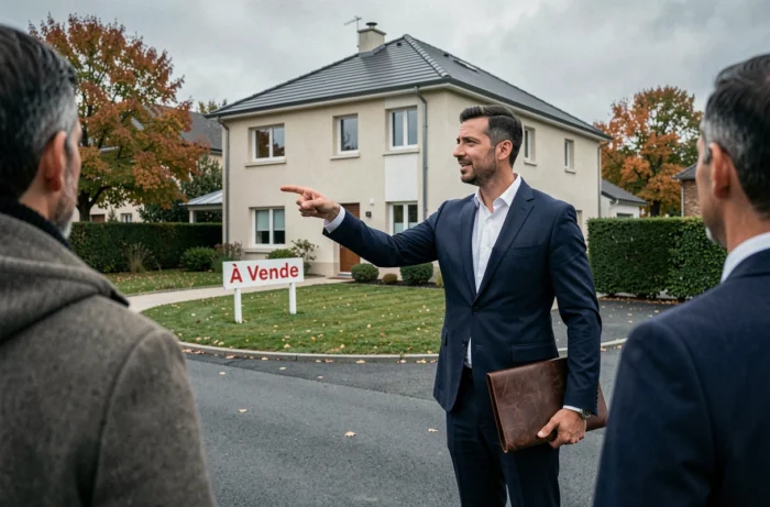 Agent immobilier présentant une maison à vendre dans un quartier résidentiel français, discussion sur la protection du patrimoine