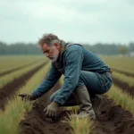 Agriculteur français examinant la qualité d'une terre agricole fertile dans un champ de blé en France