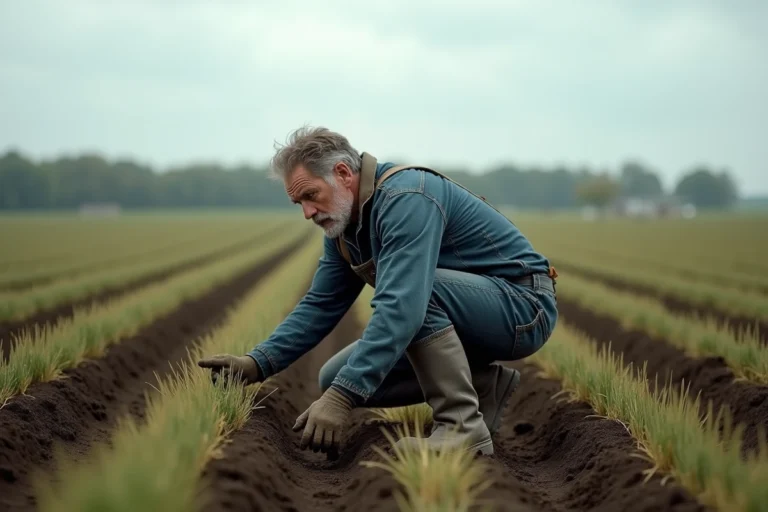 Agriculteur français examinant la qualité d'une terre agricole fertile dans un champ de blé en France