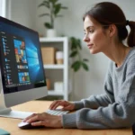 Femme ajoutant l'icône Le Bon Coin sur le bureau de son ordinateur Windows depuis un navigateur