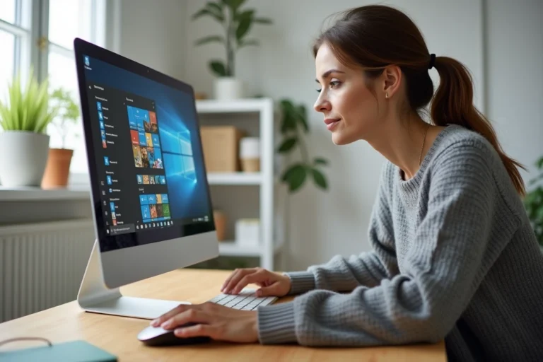 Femme ajoutant l'icône Le Bon Coin sur le bureau de son ordinateur Windows depuis un navigateur