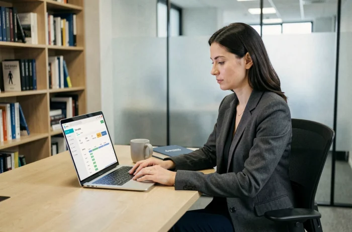 Femme commerciale B2B analysant un pipeline client sur un logiciel CRM dans un bureau privé moderne