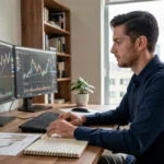 Homme analysant des graphiques boursiers sur plusieurs écrans dans un bureau moderne pour débuter en trading