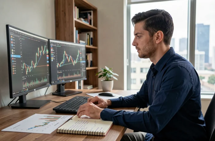 Homme analysant des graphiques boursiers sur plusieurs écrans dans un bureau moderne pour débuter en trading