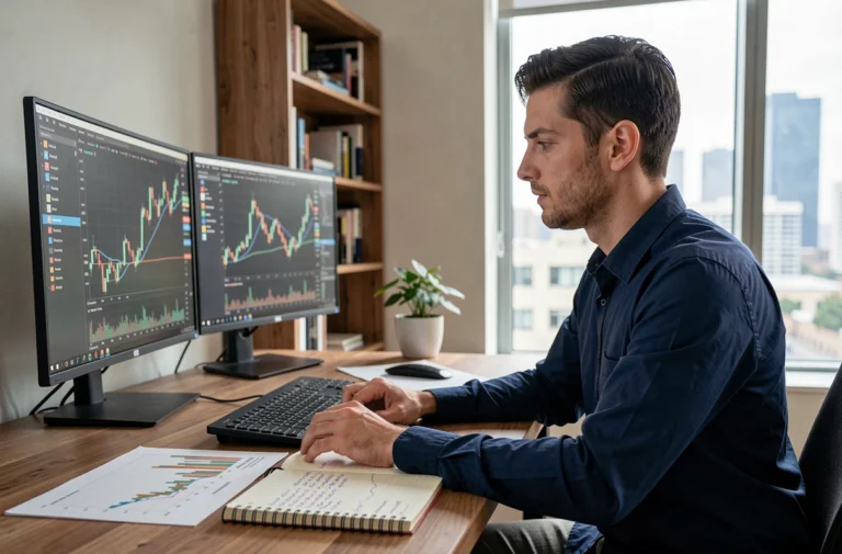 Homme analysant des graphiques boursiers sur plusieurs écrans dans un bureau moderne pour débuter en trading