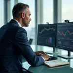 Homme en costume analysant des graphiques financiers sur double écran dans un bureau moderne avec vue sur la ville