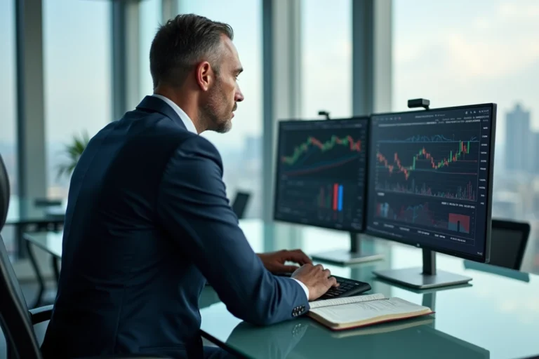 Homme en costume analysant des graphiques financiers sur double écran dans un bureau moderne avec vue sur la ville