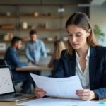 Professionnelle analysant la structure d'un site web sur des schémas imprimés dans un bureau moderne