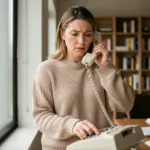 Femme passant un appel en PCV depuis un téléphone fixe à son domicile
