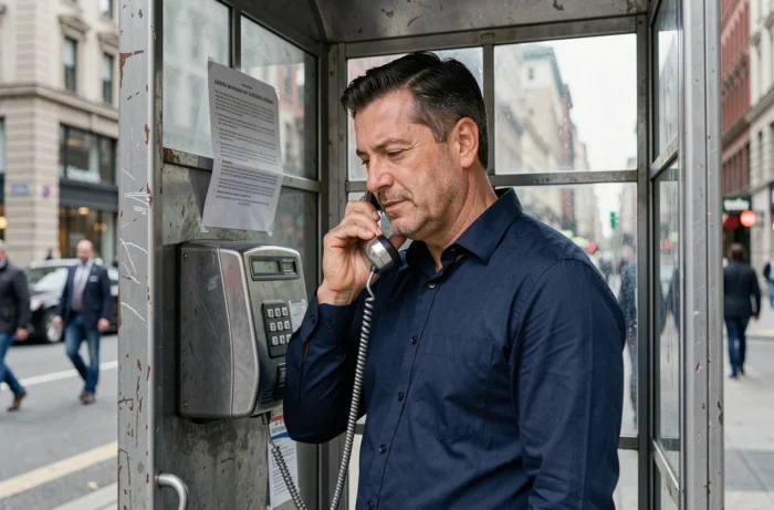 Homme utilisant une cabine téléphonique publique pour passer un appel en PCV
