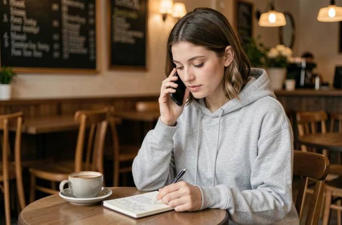 Jeune femme consultant ses notes pour passer un appel en PCV depuis son smartphone dans un café