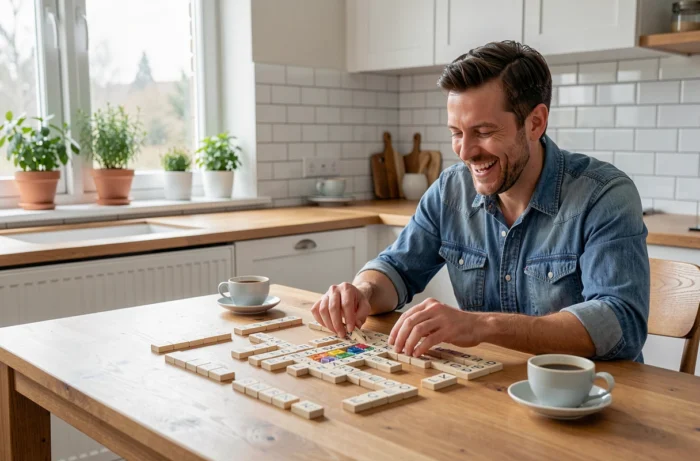 Homme adulte apprenant l'orthographe en jouant à un jeu de lettres sur une table de cuisine moderne