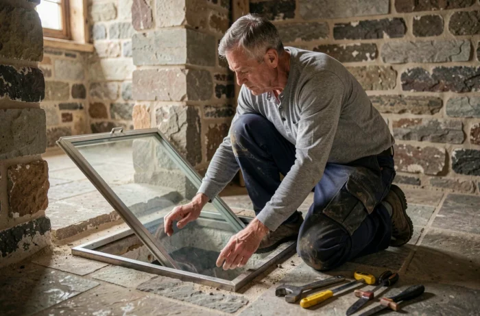 Artisan inspectant une trappe de cave à double vitrage dans un accès en pierre de cave