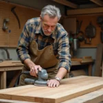 Artisan bricoleur ponçant une table en chêne brut dans un atelier de travail du bois bien équipé