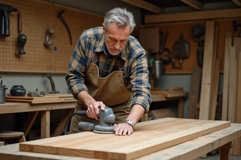Artisan bricoleur ponçant une table en chêne brut dans un atelier de travail du bois bien équipé