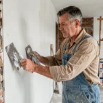 Artisan qualifié appliquant du plâtre sur un mur lors d'une rénovation intérieure d'appartement