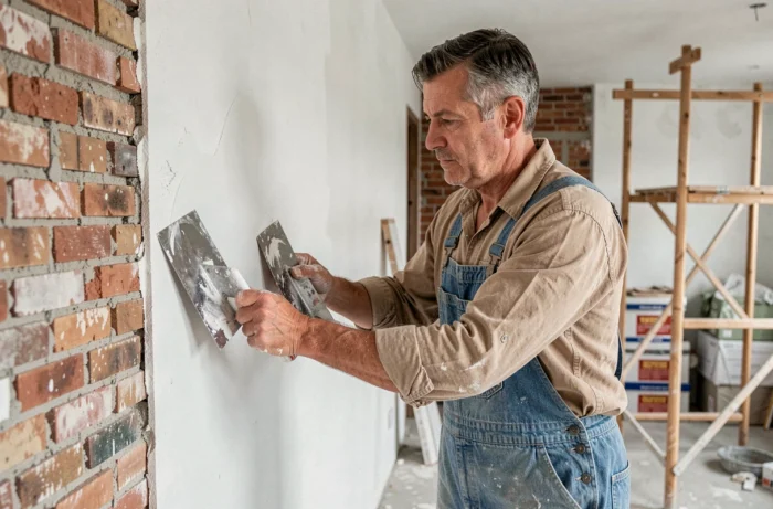 Artisan qualifié appliquant du plâtre sur un mur lors d'une rénovation intérieure d'appartement