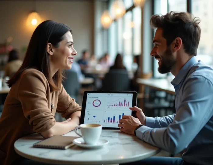 Deux associés entrepreneurs discutant d'une stratégie de lancement d'entreprise en ligne autour d'une tablette dans un café