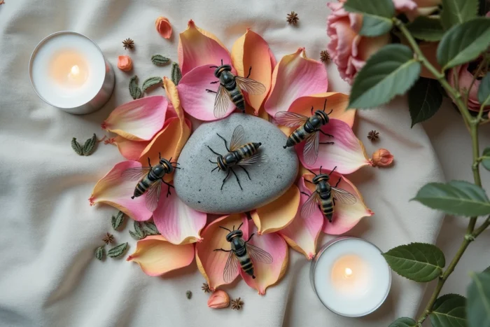 Vue de dessus d'un autel minimaliste avec des mouches mortes, pétales séchés et bougie, évoquant la symbolique spirituelle et la contemplation de la vie intérieure