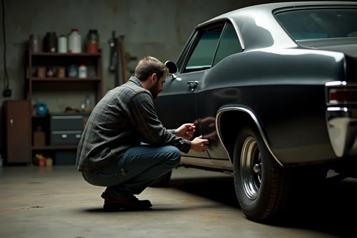 Expert automobile authentifiant une Impala 1967 noire dans un garage, examinant le numéro de série de la voiture emblématique de Supernatural