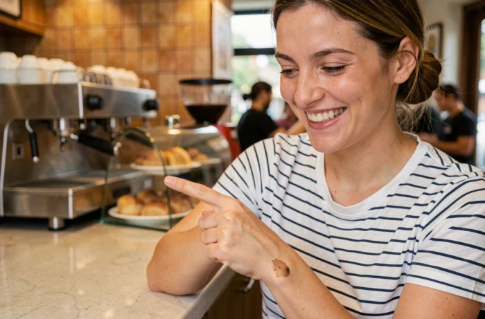 Femme souriante pointant une tache de café sur sa manche avec une autodérision assumée dans un café