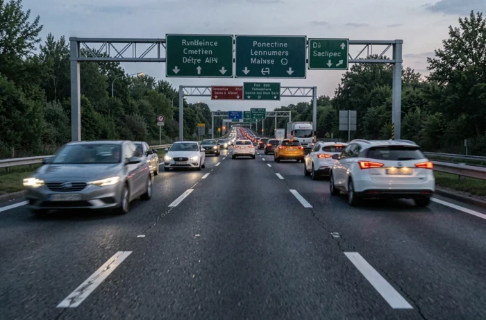 Autoroute française animée au crépuscule avec de nombreux véhicules modernes en circulation