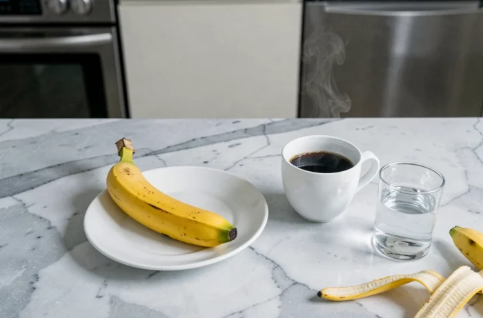 Banane mûre sur une assiette blanche avec un café noir sur un comptoir en marbre au petit-déjeuner