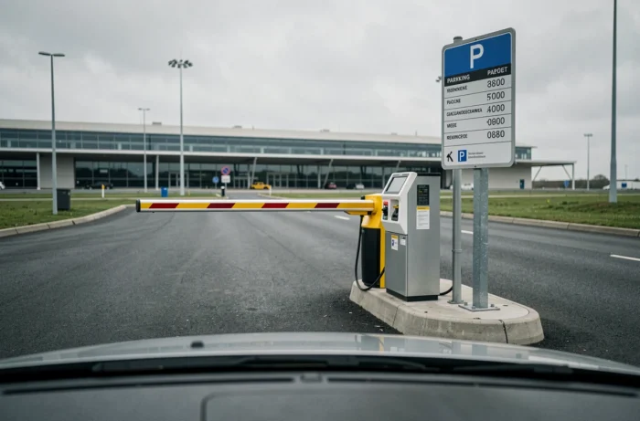 Barrière d'entrée et panneau de tarifs au parking longue durée P5 de l'aéroport de Toulouse-Blagnac