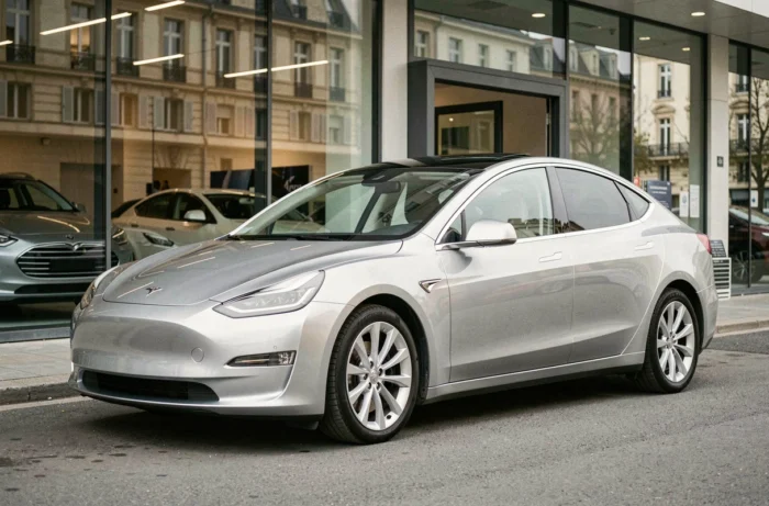 Berline électrique moderne garée devant un concessionnaire automobile français contemporain