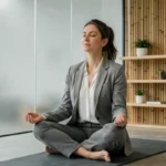 Professionnelle en méditation dans un espace bien-être en entreprise moderne