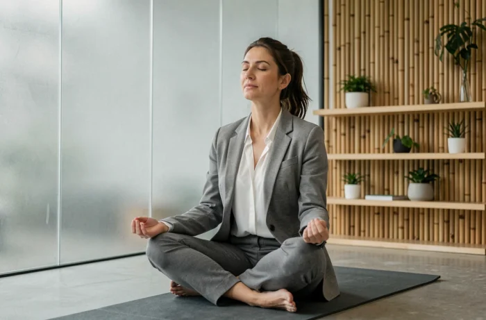 Professionnelle en méditation dans un espace bien-être en entreprise moderne