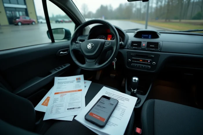 Bon de réduction et certificat de contrôle technique DEKRA posés sur le siège passager d'une voiture