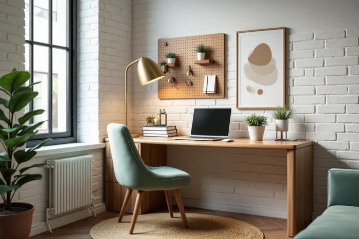 Bureau à domicile tendance avec chaise bouclée vert sauge, desk en chêne et organisation murale au design épuré