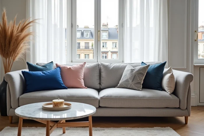 Salon parisien avec canapé gris moyen et assortiment de coussins colorés en bleu cobalt, rose blush et motifs géométriques