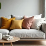 Canapé gris scandinave avec coussins décoratifs en jaune moutarde, rose poudré et ivoire dans un salon moderne