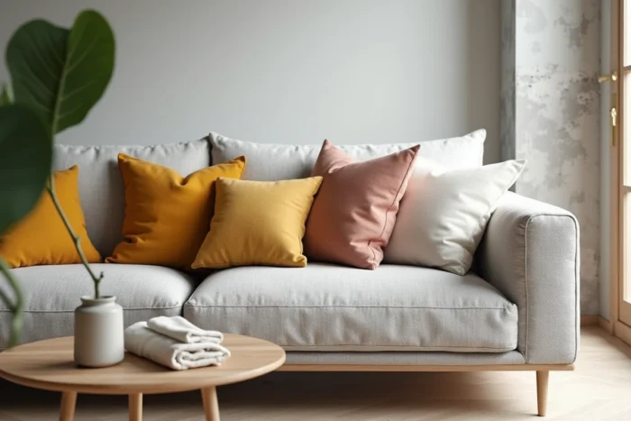 Canapé gris scandinave avec coussins décoratifs en jaune moutarde, rose poudré et ivoire dans un salon moderne