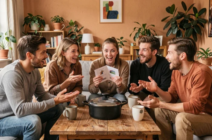 Groupe de cinq amis animés autour d'une cocotte en papier tenue au centre lors d'un moment de carte blanche collective