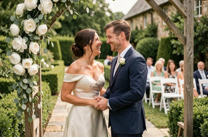 Couple de mariés riant lors d'une cérémonie de mariage en plein air dans un jardin fleuri avec une arche en bois rustique décorée de pivoines blanches