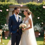Mariés riant ensemble lors d'une cérémonie de mariage en plein air dans un jardin fleuri décoré de guirlandes et de chaises en bois