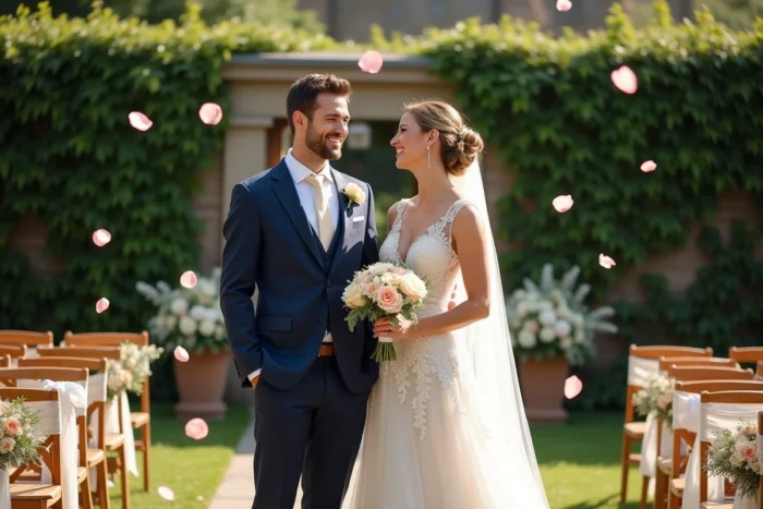 Mariés riant ensemble lors d'une cérémonie de mariage en plein air dans un jardin fleuri décoré de guirlandes et de chaises en bois