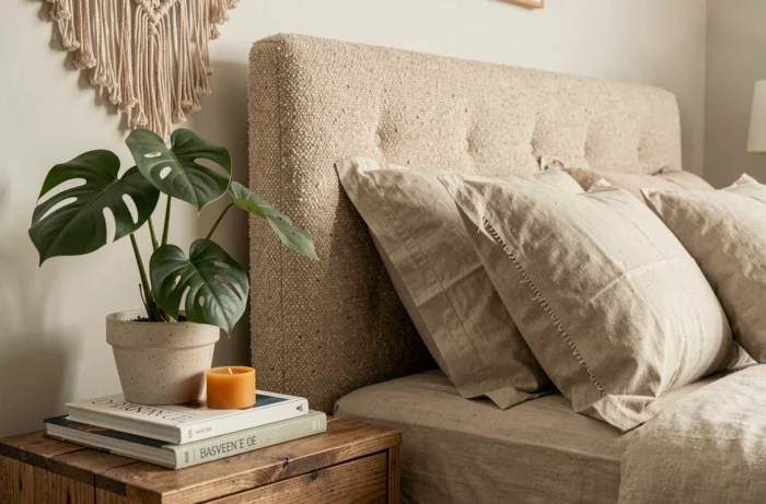 Coin chambre éco-responsable avec literie en lin bio, table de chevet en bois recyclé, plante monstera en pot céramique artisanal et suspension en macramé