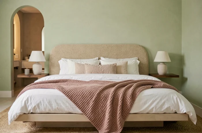 Chambre moderne scandinave avec tête de lit en bouclé, linge blanc et étagères en noyer flottantes dans une ambiance épurée et apaisante
