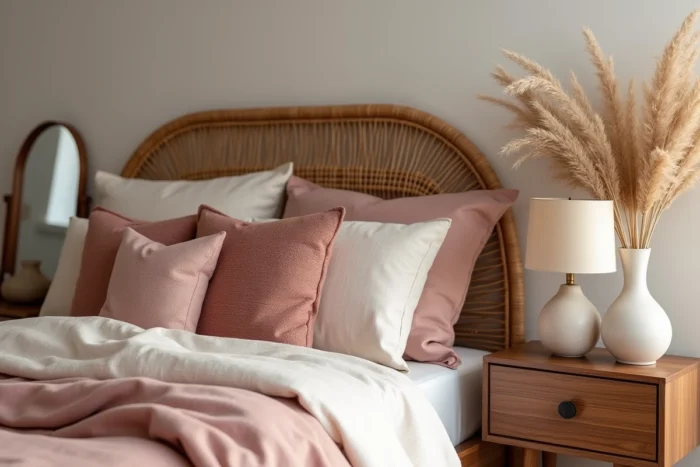 Coin chambre tendance avec tête de lit en rotin, literie en lin et décoration minimaliste apaisante