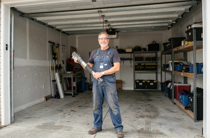 Un homme en salopette tenant un vérin de porte de garage devant une porte ouverte, dans un garage résidentiel bien rangé