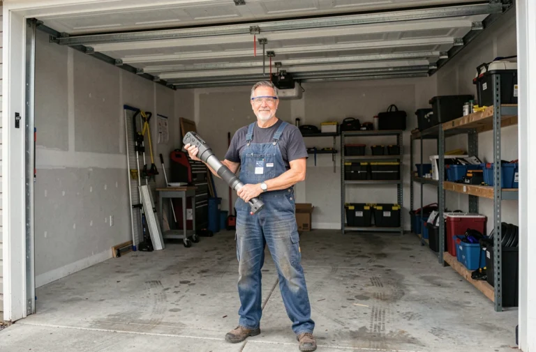 Un homme en salopette tenant un vérin de porte de garage devant une porte ouverte, dans un garage résidentiel bien rangé