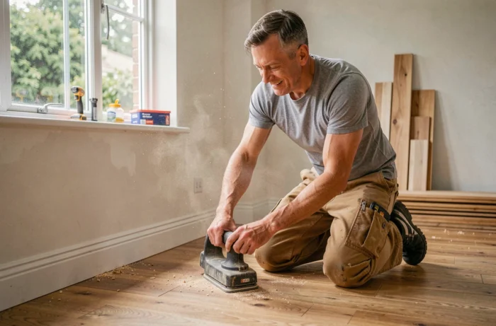 Charpentier qualifié ponçant un parquet en chêne fraîchement posé lors d'une rénovation de salon